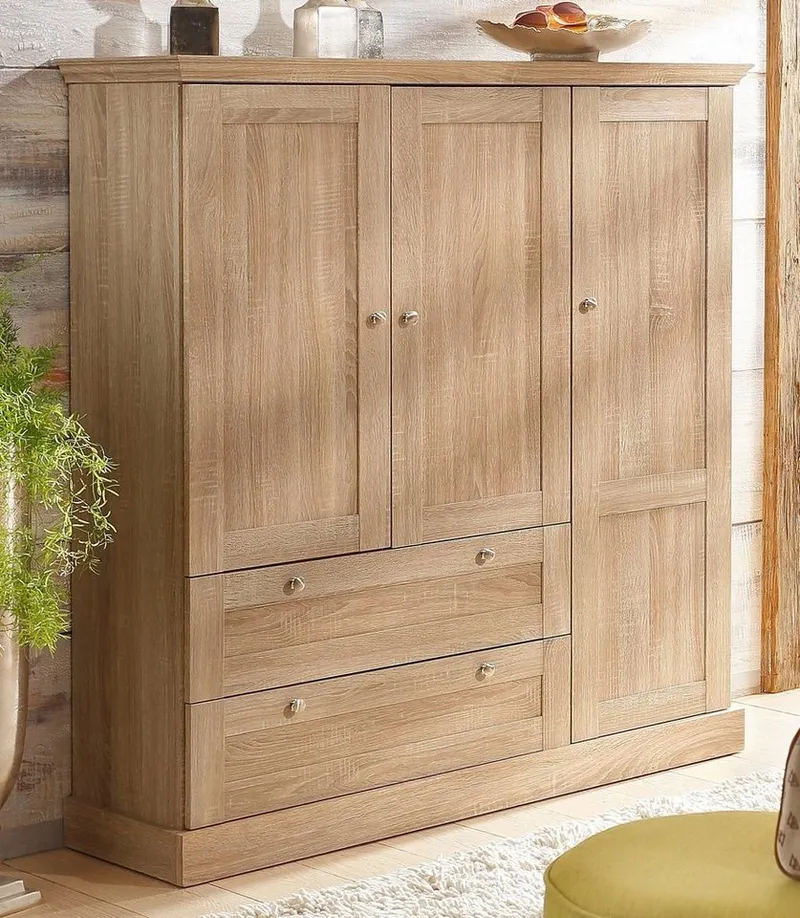 OTTO home Kleiderschrank Binz, Wäscheschrank, Mehrzweckschrank, skandinavischer Landhausstil (B/H/T ca. 122/130/35 cm) viele Stauraummöglichkeiten, Metallgriffe, Türen mit Rahmen/ Kassetten, Beige, – Produktbild 3 von 5