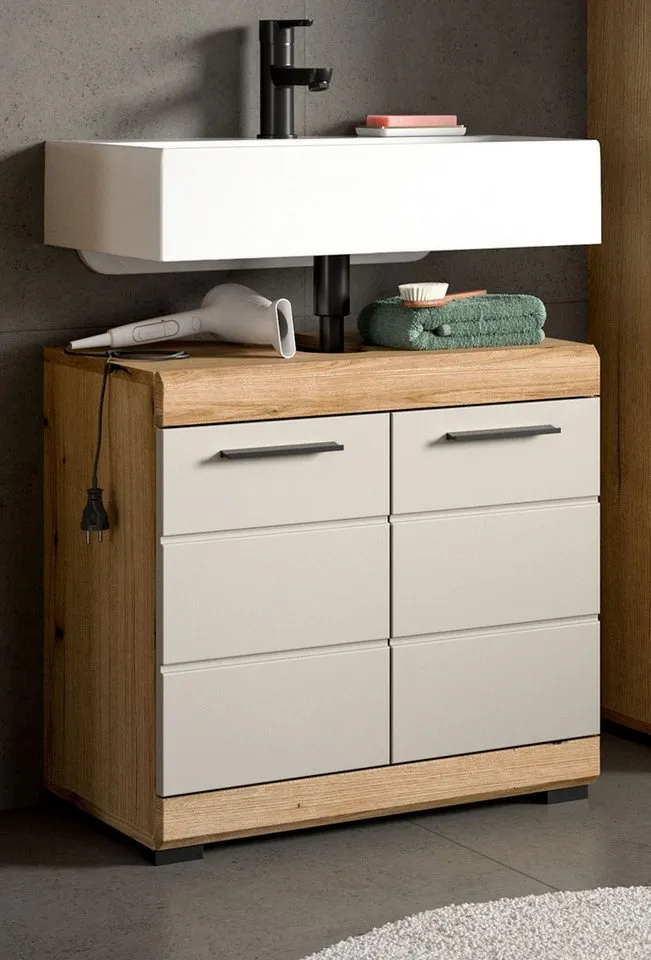 Inn.Furn Waschbeckenunterschrank Shawn (Badschrank in Eiche und Sand / Kaschmir, 2-türig, 60 x 56 cm) mit viel Stauraum, Beige, – Produktbild 4 von 5