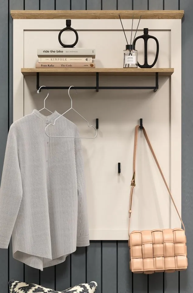 Furn.Design Garderobenpaneel Cozy (Wandgarderobe in Kaschmir mit Eiche, 8 Haken, 76 x 100 cm), stabile Metall-Kleiderstange, Beige, – Produktbild 3 von 5