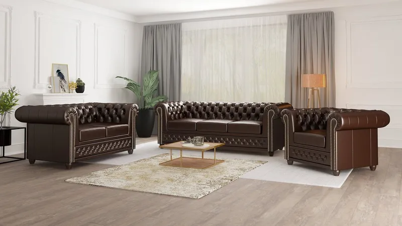 S-Style Möbel Chesterfield-Sofa Jeff, 2-Sitzer aus veganem Leder mit Holzfüßen, mit Wellenfederung, Braun, – Produktbild 4 von 4
