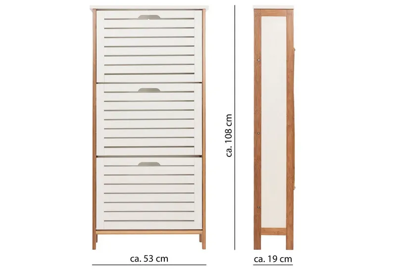 ONVAYA Schuhschrank Bambus Schuhkipper in Weiß, Platzsparender Schuhkipper mit 3 Klappen, Weiß, – Produktbild 2 von 5