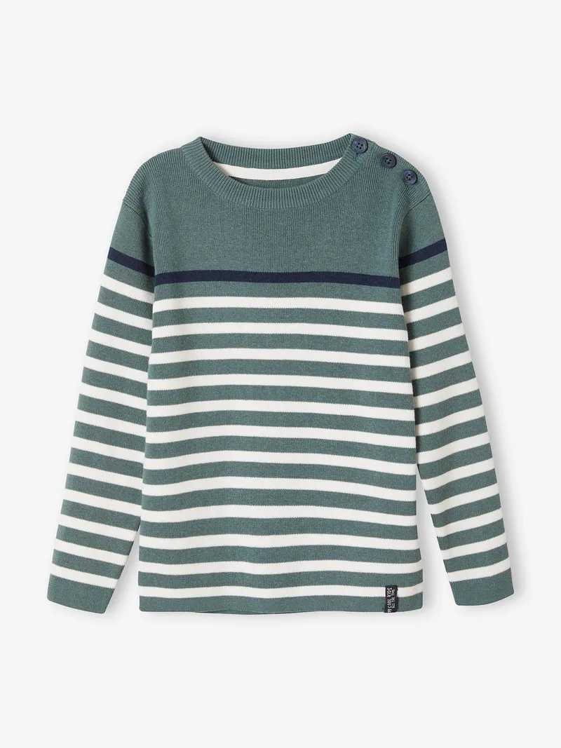 Vertbaudet Jungen Streifenpullover, Graugrün/weiß gestreift, – Produktbild 3 von 4