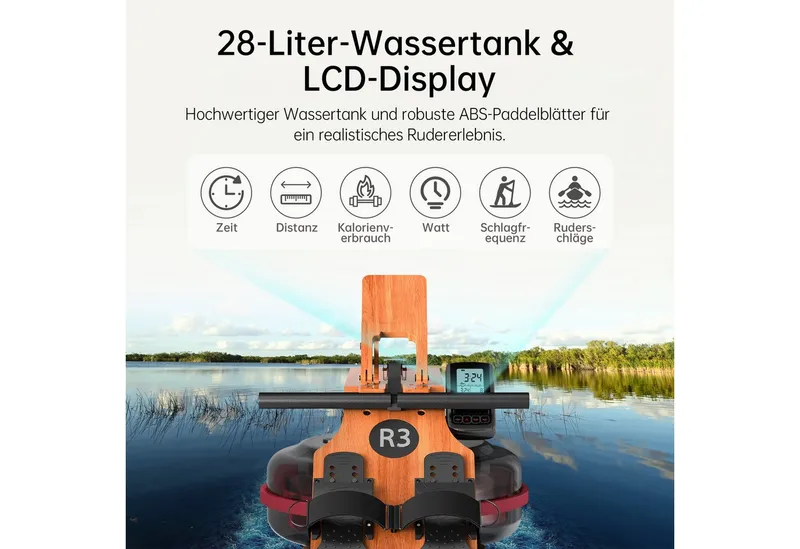 JASPORT Rudergerät R3 Wasser-Rudergerät klappbar Eichenholz LCD-Display Kinomap (Klappbares Rudergerät aus Eichenholz, Kinomap kompatibel & LCD-Trainingscomputer), 28-Liter-Wassertank, für Nutzer bis 205 cm, belastbar bis 150 kg, Kirschholzfarbe, – Produktbild 3 von 5