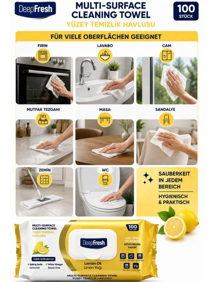 DeepFresh Multi-Surface Cleaning Towels Feuchte Reinigungstücher für Oberflächen Reinigungstuch (Lemon, 3-tlg., 1 Packung mit 100 Multi-Surface Reinigungstüchern, Streifenfreie Reinigung Vegan Animal Test Free Mit Baking Soda), Weiß, – Produktbild 2 von 3