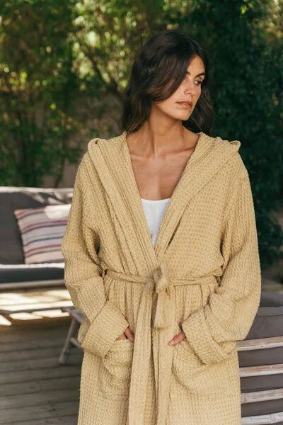 AmourLinen AmourLinen Waffel-Bademantel aus Leinen für Damen, Senfgelb, – Produktbild 4 von 4