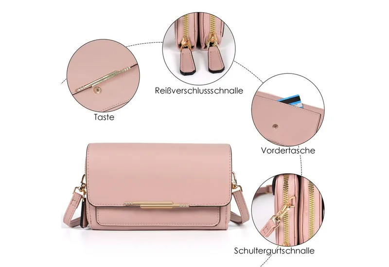 TANTOMI Umhängetasche Klein Damen Handy Umhängetasche, Handytasche zum Umhängen, Crossbody Schultertasche mit Kartenschlitz Verstellbar Schultergurt, Rosa, – Produktbild 4 von 5
