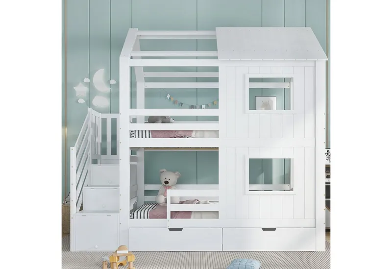 Merax Etagenbett 90x200cm mit Dach und Fenstern (1-St., Stockbett Jugendbett Doppelbett Hausbett), Kinderbett mit Treppenschrank, Ablagefächern & Aufbewahrungsschublade, Weiß, – Produktbild 2 von 4