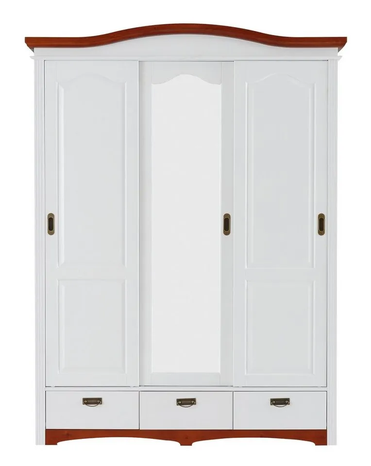 OTTO home Schiebetürenschrank Konrad, Landhausstil, rustikal, mit Schubladen + Spiegel, Kassetten (3 Breiten: 153/202/249 cm H/T ca.207/64 cm) massive Kiefer, FSC®-zertifiziert, Messinggriffe, mehrere Varianten, Weiß, – Produktbild 4 von 5