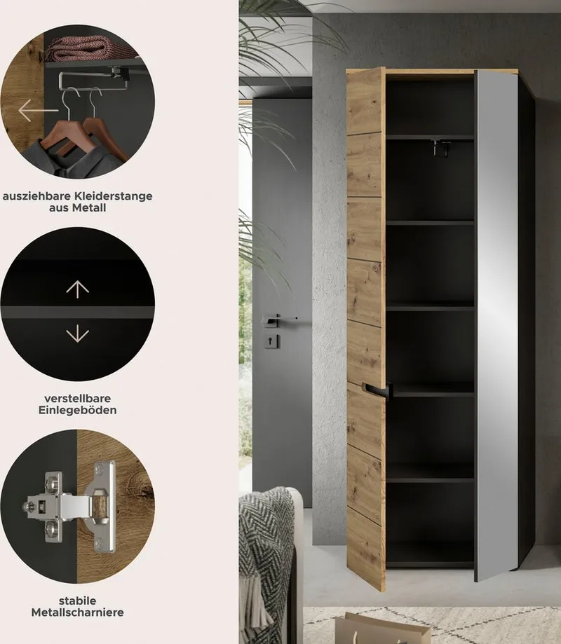 Home affaire Garderobenschrank REHAT, TOPSELLER!, Höhe 190cm, 2 Türen, 6 Fächer, 1 Kleiderstange (1-St., in verschiedenen Farben erhältlich) Garderobe, Flurschrank, Dielenschrank, Kleiderschrank, Garderobenmöbel, Grau, – Produktbild 5 von 5