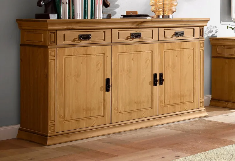 OTTO home Sideboard Vinales, kommode 3 Schubläden, 3 Türen, 2 Einlegeböden (B/T/H: 155/39/83 cm), Messinggriffe im Jugendstil, Zierleiste und eleganter Sockel, Beige, – Produktbild 2 von 5