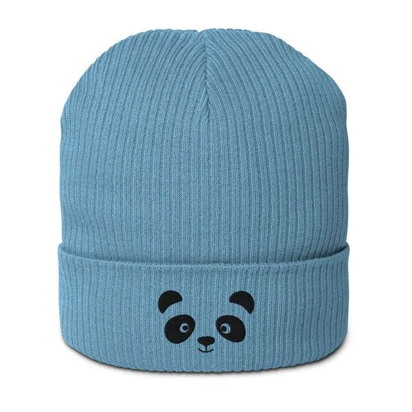 PepMelon Gesticktes Panda-Gesicht, gerippte Mütze aus Bio-Baumwolle, Blau, – Produktbild 1 von 5