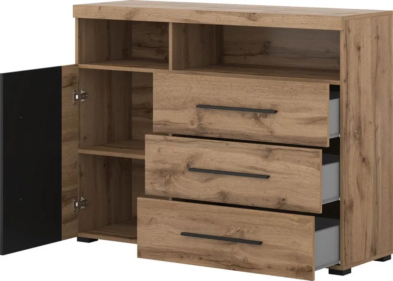 OTTO home Kommode Roger,Breite 120cm, moderne Anrichte mit 3 Schubladen, Sideboard mit viel Stauraum, Masse 120x92x38,5 (B/H/T), Beige|schwarz, – Produktbild 5 von 5