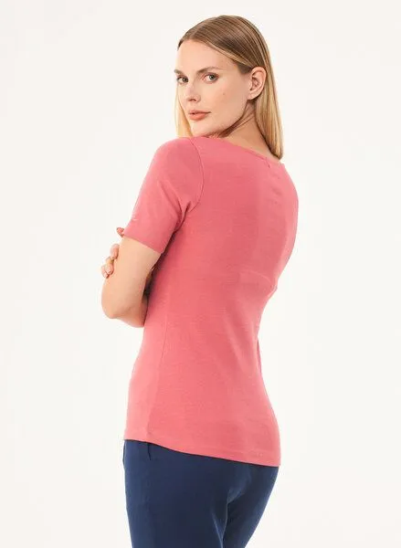 ORGANICATION ORGANICATION Geripptes T-Shirt aus Bio-Baumwolle mit V-Ausschnitt, Rose(desert rose), – Produktbild 4 von 4