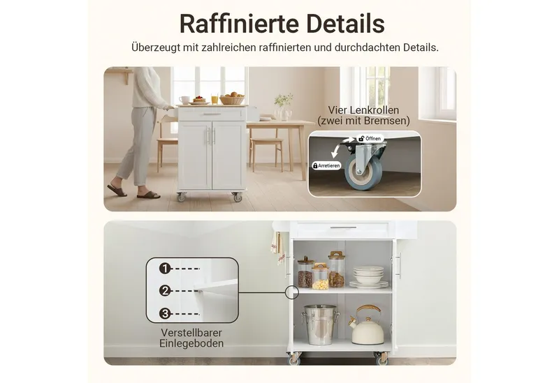 SoBuy Küchenwagen FKW13, Servierwagen mit Arbeitsplatte Küchenwagen auf Rollen, Kücheninsel, Rollwagen Küche mit Stauraum, Küchenregal, Grilltisch, Weiß, – Produktbild 4 von 5