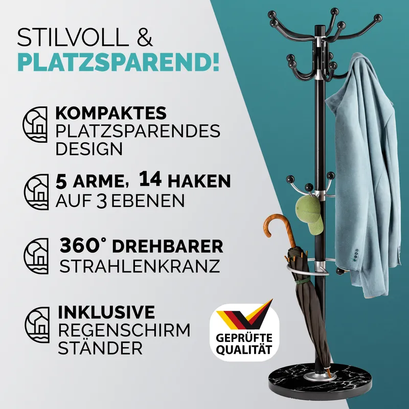 Casaria® Kleiderständer Schwarz mit Marmorfuß 173cm – Produktbild 2 von 2