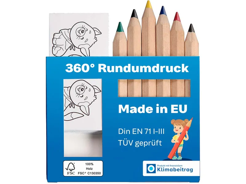 FSC-zertifiziertes Jumbo-Buntstifte-Set mit Ausmalkarten inkl. individuellem rundum Druck – Produktbild 1 von 1