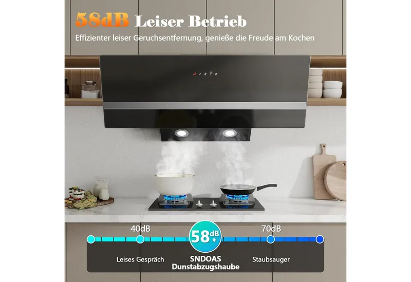 SNDOAS Kopffreihaube Dunstabzugshaube 90cm, Abluft/Umluft, 450 m³/h mit 3 Stufen + Boost Berührungssteuerung, Schräghaube, LED, A+++, Schwarz, – Produktbild 4 von 5