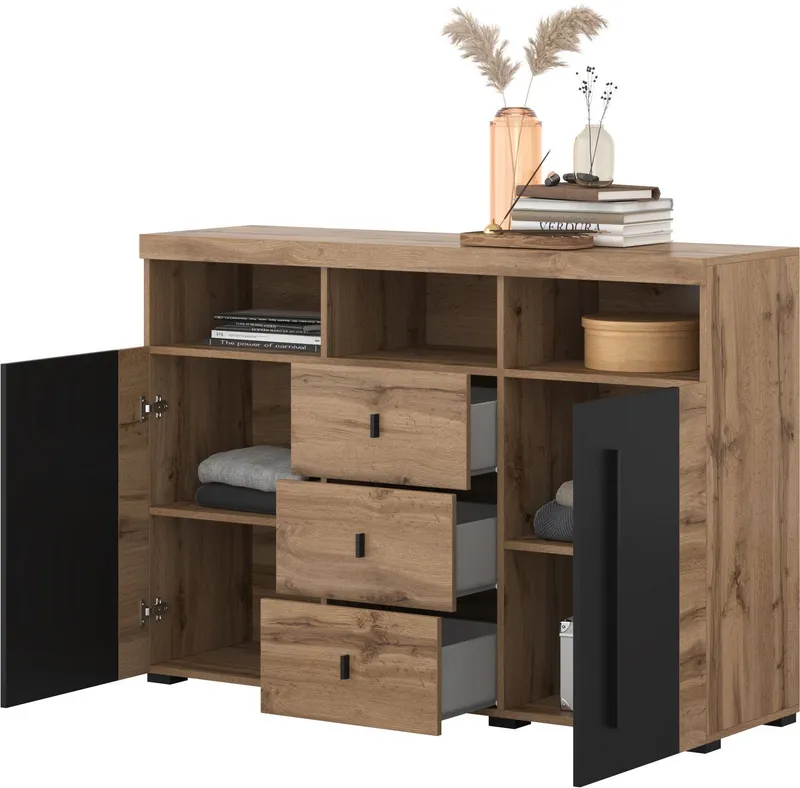 OTTO home Sideboard Roger,Breite 132cm, stilvolle Schrank, 2 Holztüren 3 Schubladen, Kommode mit viel Stauraum, Einlegeböden verstellbar, Beige|schwarz, – Produktbild 1 von 5