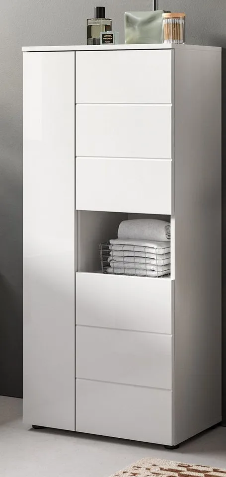 Inn.Furn Badkommode Larik (Bad Midischrank in Weiß Hochglanz, 3-türig, 60 x 131 cm), 9 Fächer für viel Stauraum, Weiß, – Produktbild 2 von 5