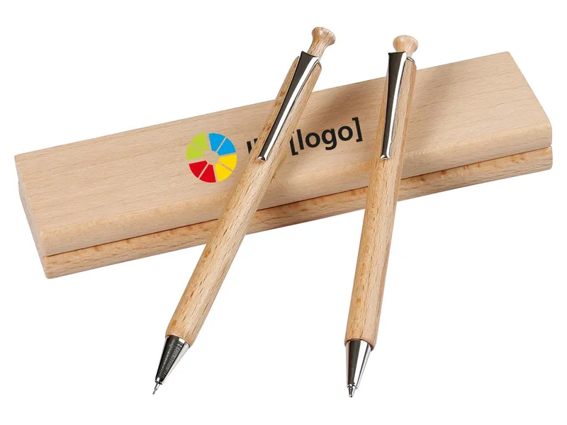 Memo Holzetui eckig mit Druckbleistift und Kugelschreiber – Produktbild 1 von 3