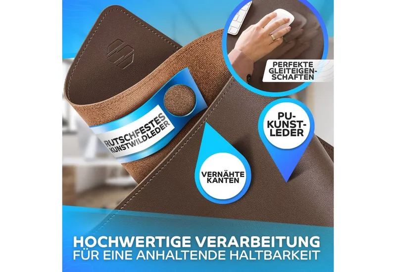 MAXLVL Gaming Mauspad Schreibtischunterlage - Mauspad mit Vernähte Kanten - abwaschbar (in 80x40 cm / 60x35 cm, Schreibtisch Unterlage für Büro), Tischunterlage Schreibtisch aus PU-Leder, Braun, – Produktbild 2 von 5