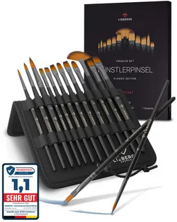 LIEBERGE Malpinsel Premium Set – 12 Pinsel für Acryl, Aquarell, Öl, inkl. Präsenter, (Set, 12 St., Pinselpräsenter, Flachpinsel, Fächerpinsel, Rundpinsel, Schrägpinsel), Synthetikhaar, vegan, langlabig, hohe Farbaufnahme, Anfänger, Profis – Produktbild 1 von 1