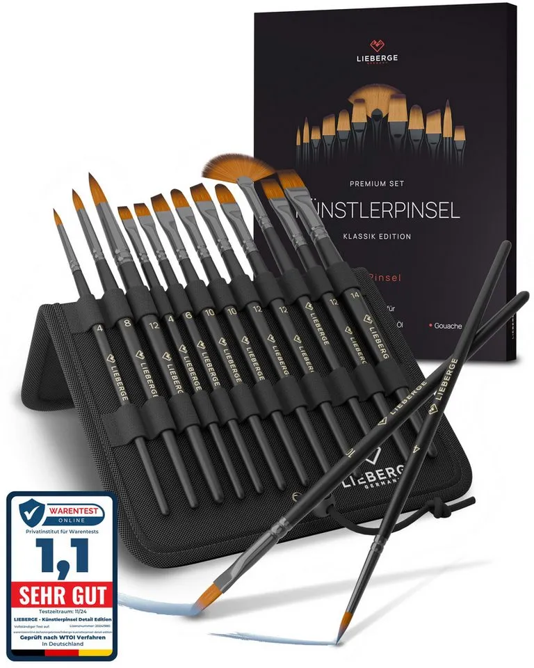 LIEBERGE Malpinsel Premium Set – 12 Pinsel für Acryl, Aquarell, Öl, inkl. Präsenter, (Set, 12 St., Pinselpräsenter, Flachpinsel, Fächerpinsel, Rundpinsel, Schrägpinsel), Synthetikhaar, vegan, langlabig, hohe Farbaufnahme, Anfänger, Profis, Schwarz, – Produktbild 1 von 5