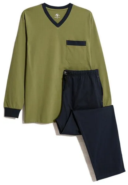 Haasis Bodywear Haasis Bodywear Herren Pyjama V-Ausschnitt, Bio Baumwolle, Navy/olive, – Produktbild 2 von 4