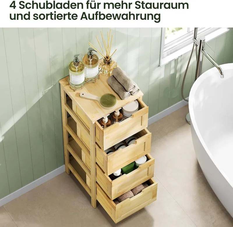 EUGAD Badkommode (1 St), Badschrank Bambus, mit 4 Schubladen, 30x80x30 cm, Beige, – Produktbild 1 von 5