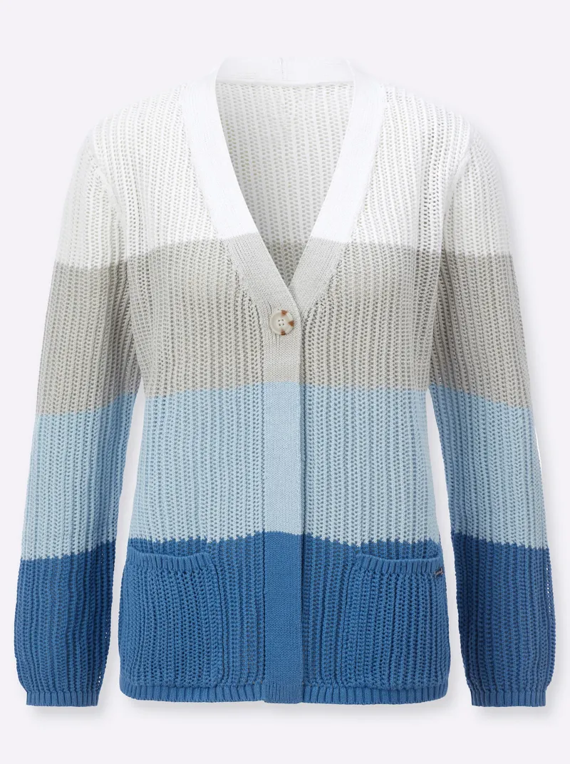 Witt Ajourstrickjacke, Mittelblau-ecru-geringelt, – Produktbild 2 von 2