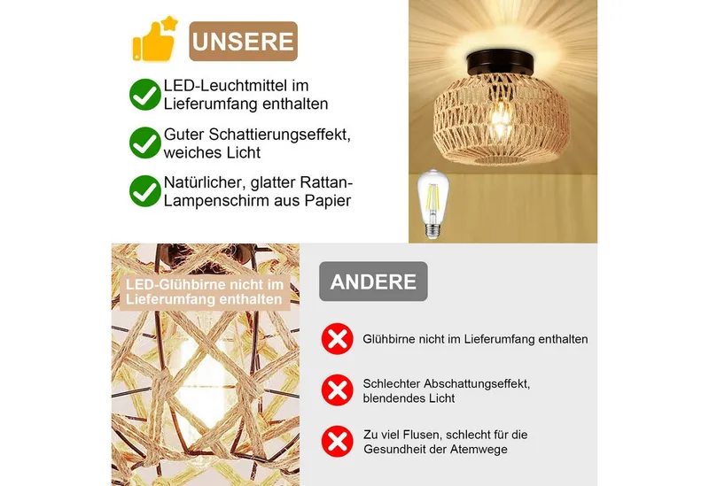 LMaxhome LED Deckenleuchte Hängend Boho Rattan Deckenlampe Vintage Kronleuchter Lampenschirm Flur, E27 Glühbirne LED fest integriert Bambus Wohnzimmer Esszimmer Lampe – Produktbild 4 von 5