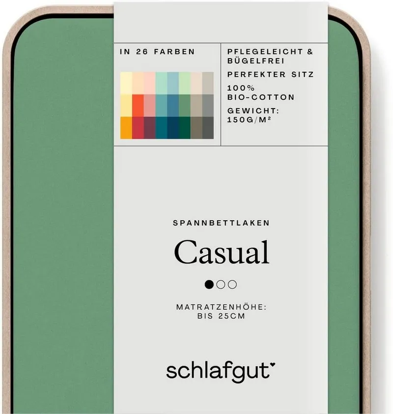 Schlafgut Schlafgut Spannbettlaken CASUAL Bettlaken 100% gekämmte Bio-Baumwolle, 150 g/m², Spannbetttuch, Jersey, Gummizug: rundum, (1 Stück), Bettlaken bis 25 cm Höhe, langlebig, weich, Antipilling-Ausrüstung, Grün, – Produktbild 3 von 5