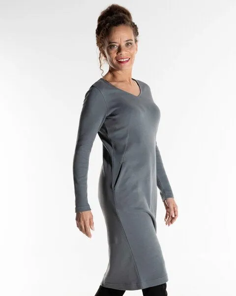 Alma & Lovis Alma & Lovis Jersey-Jacquard-Kleid aus Organic Cotton | V-Neck Dress, Thymian (dunkelgrün), – Produktbild 3 von 4