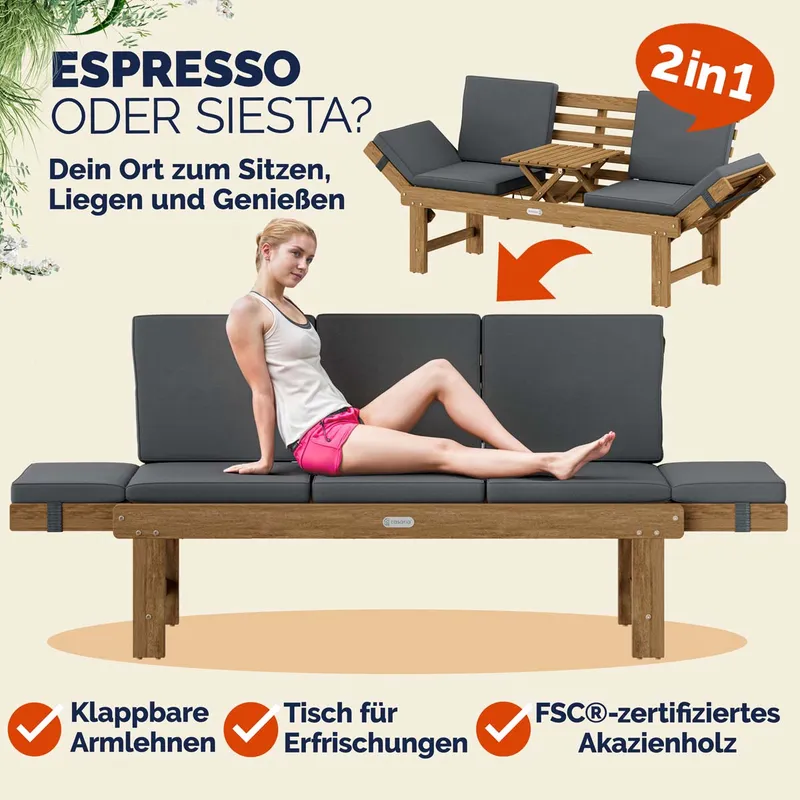 Casaria® Gartenbank 2in1 wandelbar mit Tisch Kissen aus Akazienholz – Produktbild 2 von 2