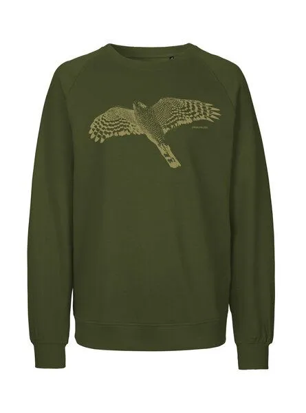 Peaces.bio - handbedruckte Biomode Peaces.bio - handbedruckte Biomode Bio Damen-Sweatshirt Loose Fit Sperber, Waldgrün, – Produktbild 1 von 2
