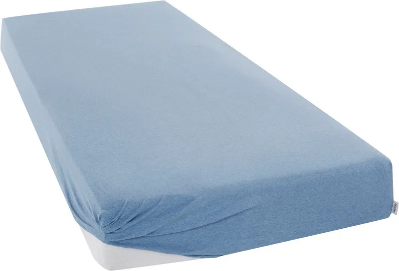 OTTO home Spannbettlaken VALJE in Melange-Optik, hochwertiger Baumwoll-Jersey 130g/m², Jersey, Gummizug: rundum, (1 Stück), Baumwolle, für Matratzen bis 25 cm Höhe, Bettlaken aus Melange-Garn, Blau, – Produktbild 2 von 5