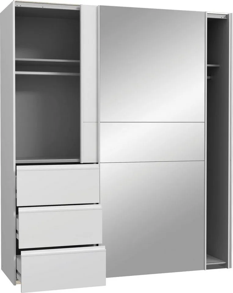 FORTE Schwebetürenschrank Winn2 mit Spiegel und 3 Schubkästen, Weiß, – Produktbild 3 von 5