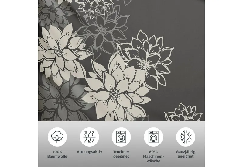 OTTO home Bettwäsche Susan in Gr. 135x200 oder 155x220 cm, Linon, 2 teilig, in verschiedenen Qualitäten, romantische Bettwäsche mit Blumen, Grau, – Produktbild 3 von 5