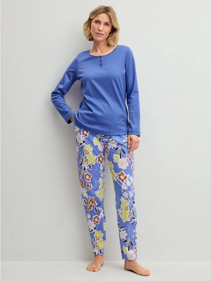 CALIDA CALIDA Langarmshirt Sleep Over M&M Damen (1-tlg) mit Knopfleiste, weiche Baumwolle und glatte Qualität, Blau, – Produktbild 5 von 5