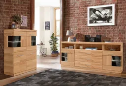 OTTO home Highboard Ribe,85cm breit,115cm hoch, Fronten Massivholz,4 breite Fächer, Korpus Holzwerkstoff,2Türen mit Glaseinsatz, Böden versetzbar – Produktbild 1 von 1