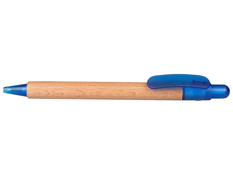 Memo PEFC-zertifizierter Holz-Druckkugelschreiber 'Prisma' mit blau transparenten Funktionsteil – Produktbild 1 von 1