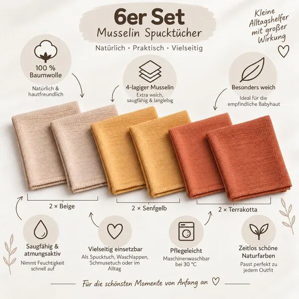 bistyle bistyle Musselin-Mundtücher - extra dicker 4-lagiger - 20x20cm - 6er Pack - zertifiziert – Bio Baumwolle, Ziegelrot beige senfgelb, – Produktbild 1 von 4