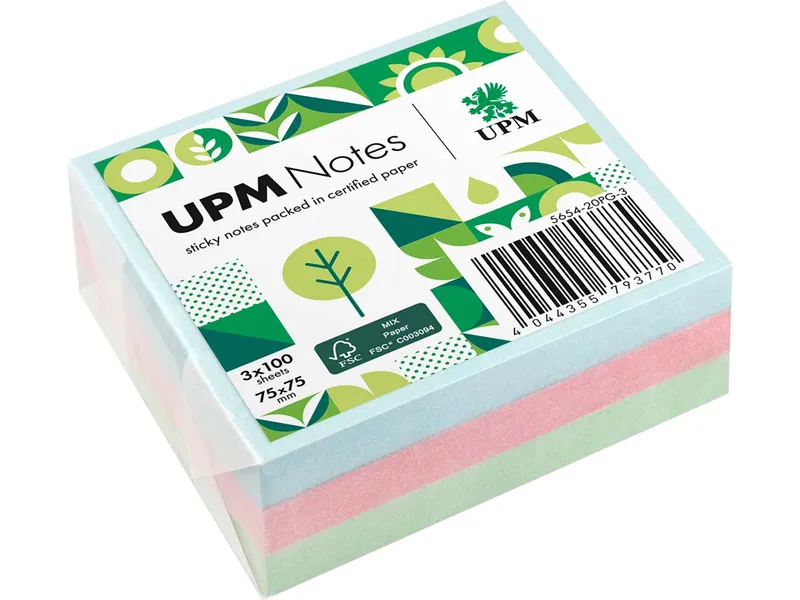 UPM UPM Super Sticky Haftnotizen "Pastellmix" 75 x 75 mm, 3 Blöcke, farbig sortiert – Produktbild 1 von 1