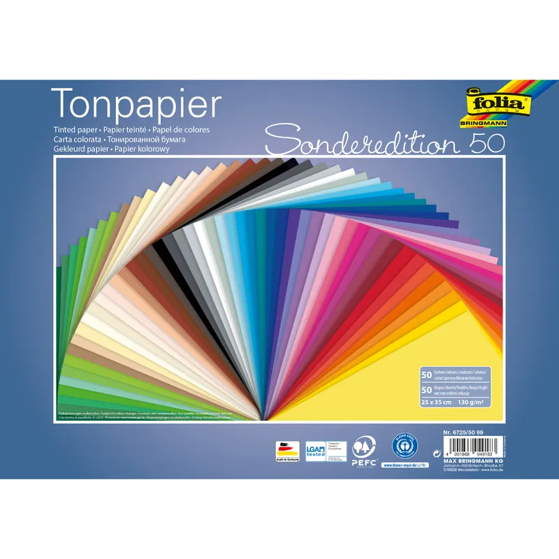 folia folia Tonpapier, 130 g/m², sortierte Farben, 25 x 35 cm, 50 Bogen – Produktbild 1 von 2