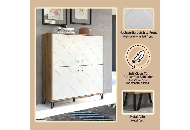 Home affaire Highboard Tarragona, Highboard mit 4 Türen & Soft-Close - (B/T/H) 123/40/136 cm, Braun, – Produktbild 3 von 3