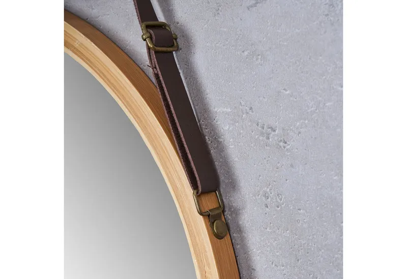 Levandeo® Wandspiegel, Wandspiegel 38cm Rund Bambus Holz Kunstleder Flurspiegel Wanddeko, Natur, – Produktbild 5 von 5