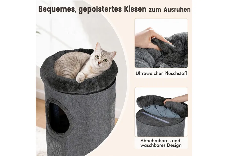 COSTWAY COSTWAY Kratzbaum Katzentonne mit 3 Höhlen, 4 Ebenen Katzentonne, 113 cm hoch, Grau, – Produktbild 7 von 7