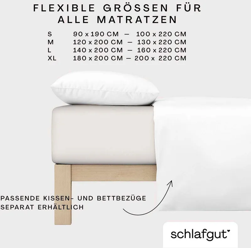 Schlafgut Schlafgut Spannbettlaken PREMIUM Mako-Zwirn-Jersey, 220 g/m², 95% Bio-Baumwolle, 5% Elasthan, Mako-Zwirn-Jersey, Gummizug: rundum, (1 Stück), Bettlaken bis 30 cm Höhe, PREMIUM-Qualität langlebig, perfekter Sitz, Beige, – Produktbild 1 von 5