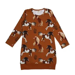 Walkiddy Kinder Kleid GOTS zertifiziert – 95% Bio-Baumwolle, Braun mit Pferdemotiv, Langarm, 5% Elasthan, weich & bequem | Walkiddy – Produktbild 1 von 1