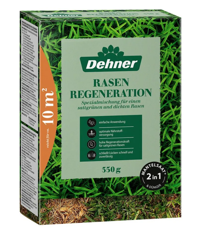 Dehner Rasensamen Rasen-Reparatur Saatgut, für strapazierfähigen Rasen, versch. Größen, 0,35 kg, Dünger, schnell keimend, pflegeleicht, FSC-zertifizierte Verpackung – Produktbild 1 von 5